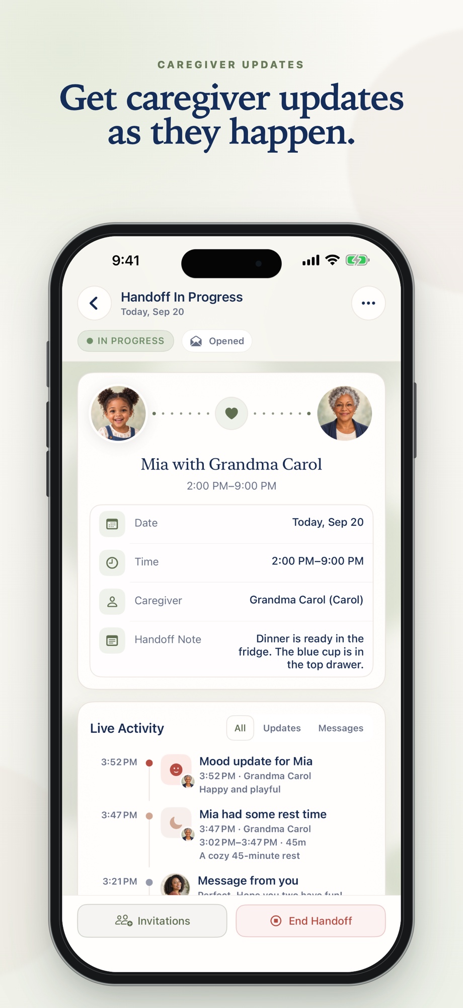 A Baby Brief handoff showing live caregiver activity, updates, and messages.